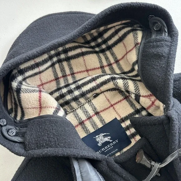 Vintage Burberry London Duffle Coat UK 10 Black Wool Hooded Toggle Nova Check 99 - Picture 6 of 16